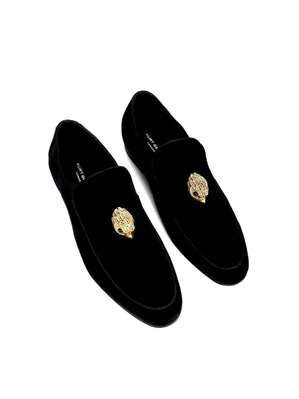 Kurt Geiger Black Velvet Slip-On Loafers with Gold Bird Emblem